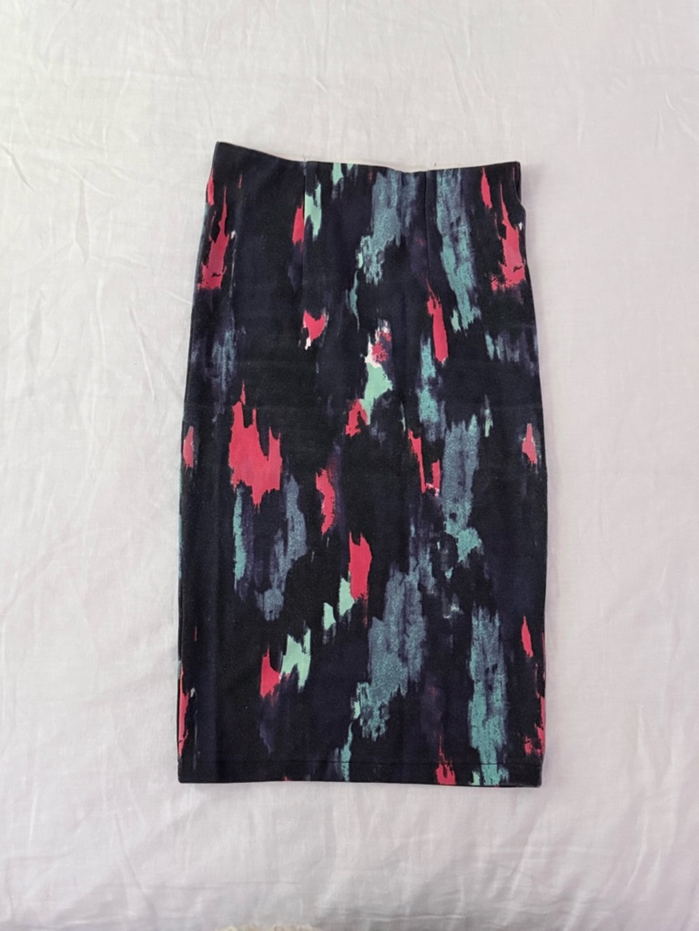 Abstract Print Pencil Skirt in Black with Pink & Teal Accents